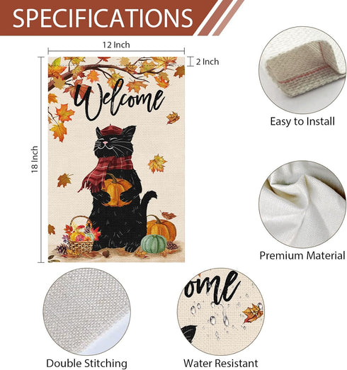 Welcome Fall Garden Flag 12 x 18 Inch Double Sided Burlap, Black Cat with Pumpkins Garden Flags, Maple Leaves Autumn Banners for Seasonal Yard Tha...