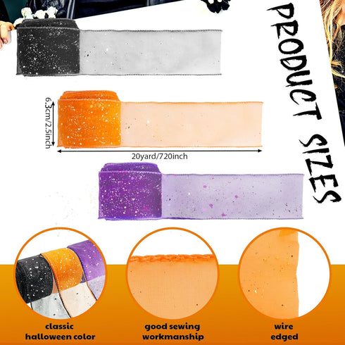 Craftsatin 3 Rolls 60 Yards Halloween Decor Mesh Ribbon Wired Edge Craft Ribbon 2.5 Inch x 60 Yards Purple Orange Black Glitter Ribbon for Gift Wr...