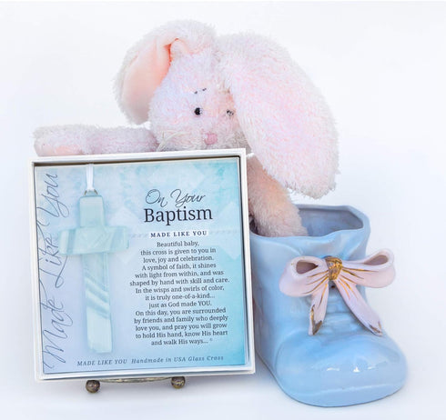 On Your Baptism Beautiful Baby Handmade Aqua Glass Cross - Treasured Baptism Gift for Baby Girl or Boy...