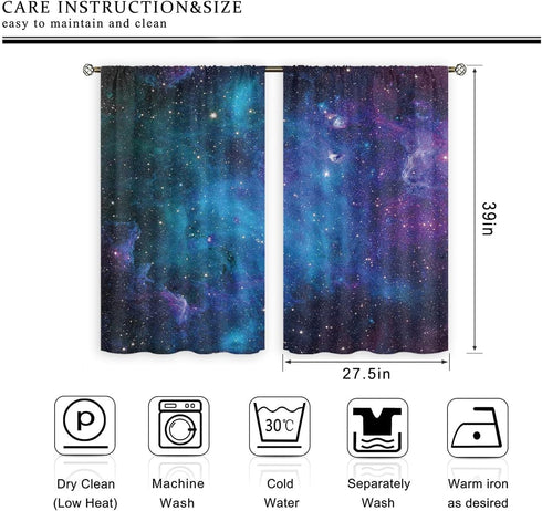 Cinbloo Galaxy Kitchen Curtains Out Space Wall Art Rod Pocket 27.5W x 39L Inch Blue Nebula Universe Room Decor Starry Star Fantasy Night Sky Print...