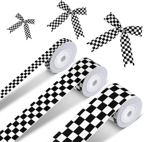 3 Rolls Black Grosgrain Ribbon White Checkered Printed Ribbon?15 Yards Crafts Racing Car Theme Printed Checkered Ribbon?Plaid Buffalo Ribbon?for R...