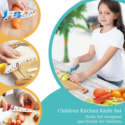 Kids Knife Set for Real Cooking, 4pcs Kids Safe Kitchen Cutting Knives, Stainless Steel Blades, Children First Starter knife, BPA-free (Multicolor...