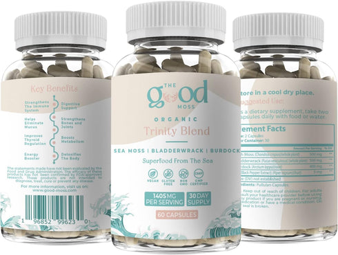 Trinity Blend Superfood -Sea Moss, Bladderwrack and Burdock Root Supplement for Overall Health Support, Hair, Skin and Nails 60ct...