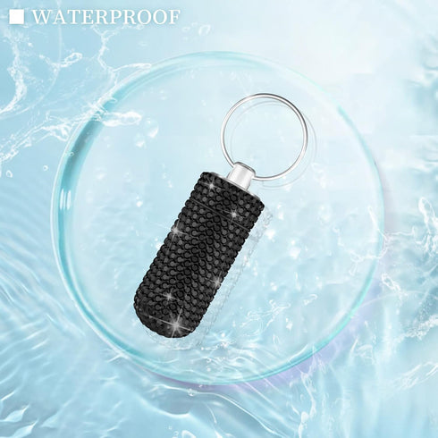 Bling Pill Case Pill Container Rhinestone Pill Box Portable Waterproof Pocket Pill Holder Storage Bottle with Keychain for Travel, Outdoor, Campin...