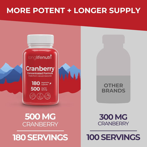 Cranberry Extract with Vitamin C & E - Pure Concentrated Formula, 500mg per Serving, 180 Vegetarian Capsules, Urinary Tract Health & Bladder, 6 Mo...