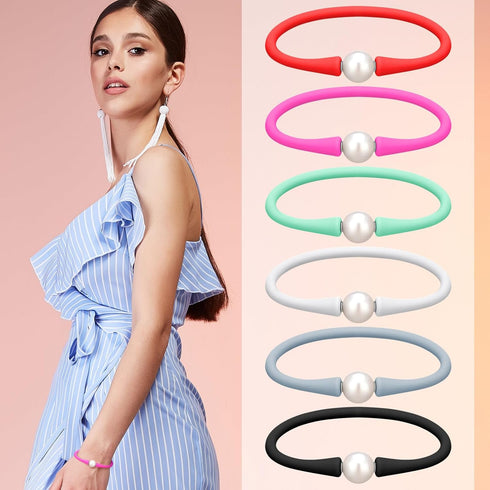 6 Pcs 9-11 mm Silicone Rubber Real Natural Freshwater Pearls Bracelets for Women Womens Charm Bangle Personalized Jewelry Silicone Bracelet Colore...