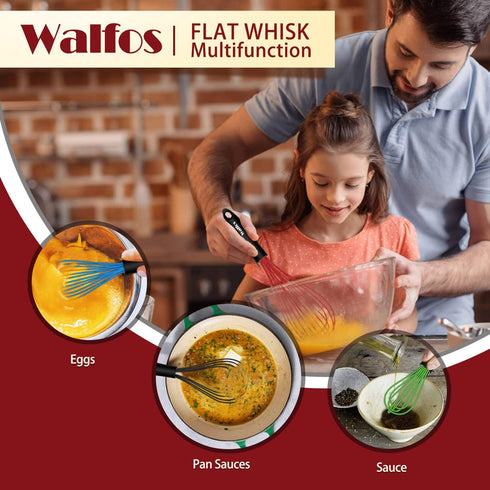 Walfos Whisk,Whisks for Cooking Non Scratch.Silicone Whisk Set of 4 Kitchen Wisk-11in Flat wisk and 7+9+11in Balloon Whisk.Nice for Mixing,Whiskin...