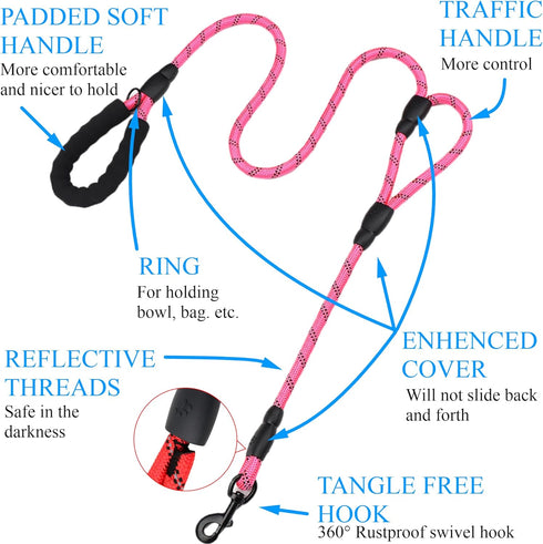 Dog Leash-Heavy Duty Long Dog Leash for Puppy, Small, Medium, and Large Dogs (Pink Rope - Double Handle, 6 Feet)...