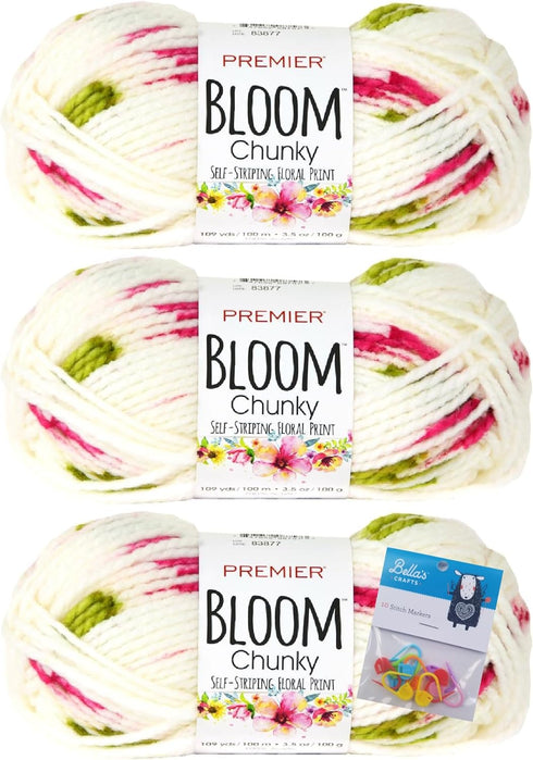 Premier Yarns Bloom Chunky - 3.5 Oz - #5 Bulky Weight - 3 Pack Bundle with Bella's Crafts Stitch Markers (Baby's Breath)......