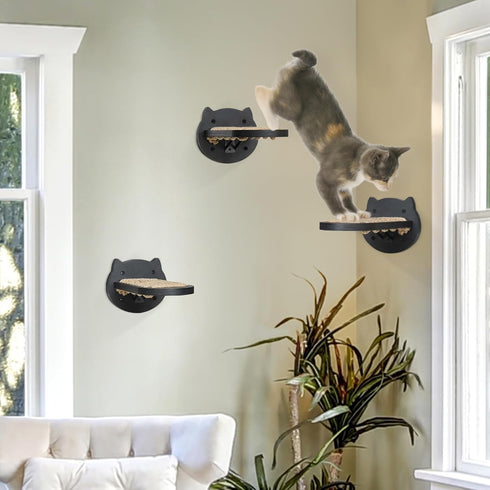 3 Pcs Cat Wall Shelves, Cat Wall Steps with Hemp Rope Covered, Cat Climbing Shelf Wall Mounted, Wooden Cat Stairs for Wall, Cat Wall Furniture for...
