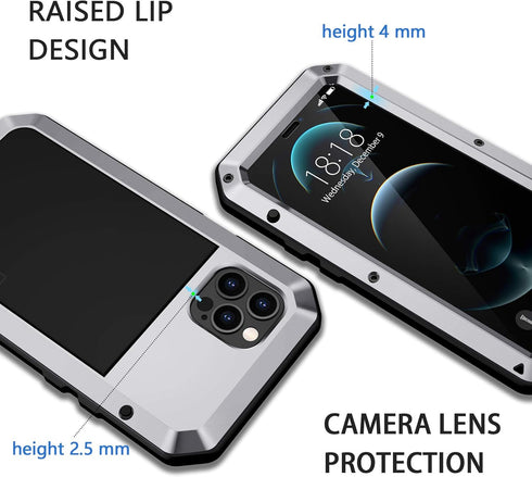 Lanhiem for iPhone 12 Pro Max Metal Case, Heavy Duty Shockproof Tough Rugged Case with Built-in Glass Screen Protector, 360 Full Body Dust Proof P...