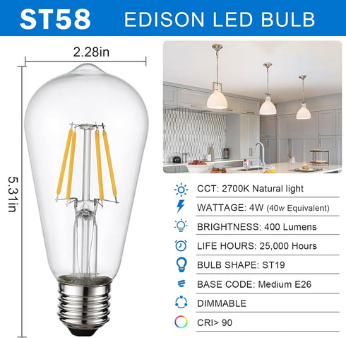 HESSION Vintage LED Edison Bulb, Medium E26 Led Bulbs 40W Equivalent, 6-Pack Dimmable Light Bulbs, High Brightness 400LM Warm White 2700K, ST58 An...