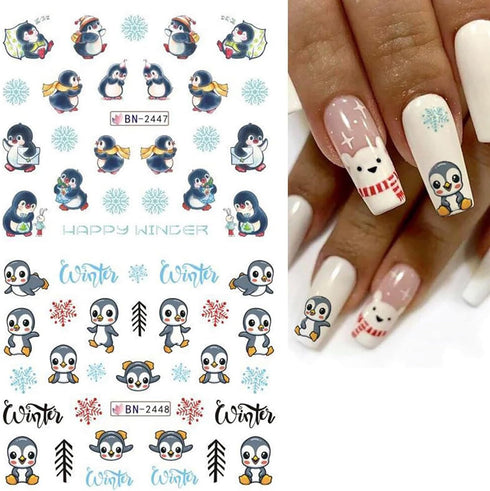 Christmas Nail Art Stickers12 Sheets Water Transfer Nail Stickers Cute Christmas Penguin Nail Decals Winter Nail Art Supplies Snowflake Elk Nail W...