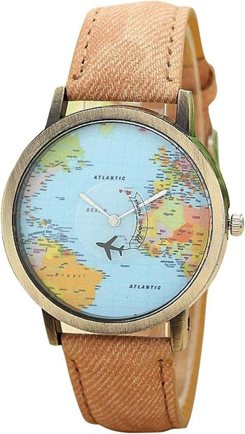 Unisex Retro Bronze Case Global Travel by Plane World Map PU Leather Band Quartz Watch...