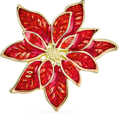 Large Statement Flower Holiday Party White Red Enamel Poinsettia Brooch Clip On Earrings Scarf Pin Jewelry Set For Women Silver Gold Plated...