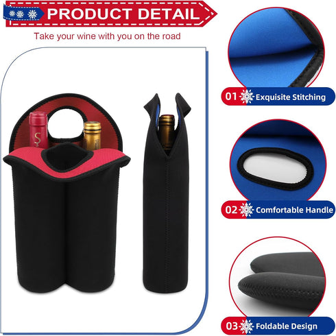 Desing Wish 2-Bottle Set Wine Carrier Tote Bag for 750ml Red/White Wine Bottles, Insulated Neoprene Wine Cooler Bag Wine Gift Bags for Gift/Picnic...