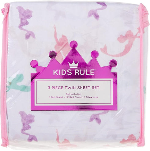 3-Piece Multicolored Mermaid Sheet Set for Kids & Girls - 1 Twin Flat Sheet, 1 Twin Fitted Sheet & 1 Queen Pillowcase, Soft Brushed Microfiber Pol...