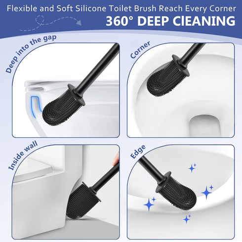 Toilet Brush and Holder, Flexible Silicone Toilet Bowl Brush for Bathroom Deep Cleaning, Toilet Cleaner Brush Set, Wall Mounted/Floor Standing, Bl...