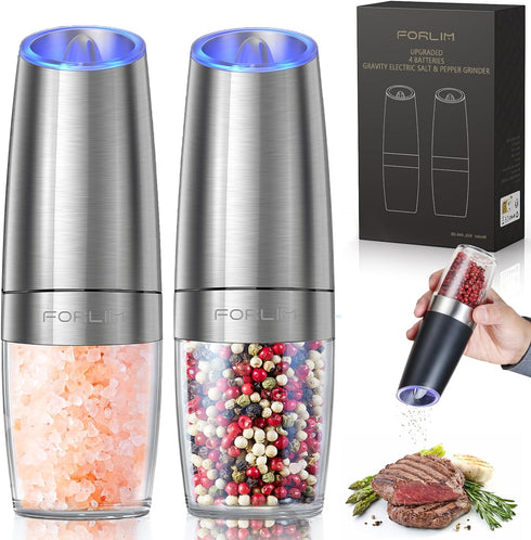 Electric Salt and Pepper Grinder Set, Upgraded 4 Batteries, Automatic Pepper Grinder with LED Light, Adjustable Coarseness One Hand Operation, Sta...