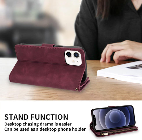 ZZXX for iPhone 12 Pro Wallet Case with Card Slot Premium Soft PU Leather Zipper Folio with Wrist Strap Kickstand Protective for iPhone 12 (Wine R...
