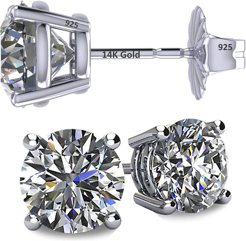 14K Solid Gold Post & Silver Simulated Diamond Stud Earrings-cubic zirconia earrings studs .30ct to 8.00ct...