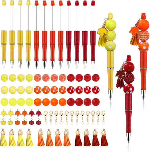 NEWEST 12 Pieces Fall Beadable Pens Bulk Thanksgiving Bead Pens with 36 Beads Fall DIY Pen Making Kit Black Ink Beaded Ballpoint Pens Kits for Tha...