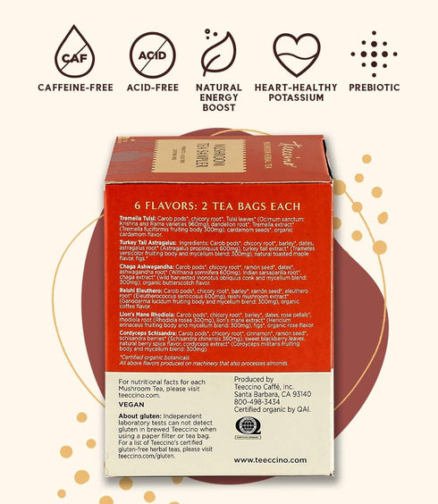 Teeccino Mushroom Herbal Tea - Mushroom Adaptogen Tea Sampler - 12 Tea Bags - Support Your Health With Mushrooms and Adaptogenic Herbs, Prebiotic,...