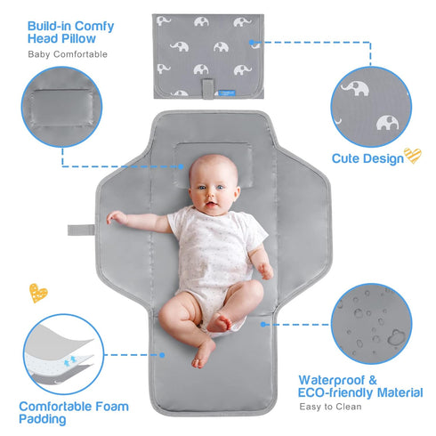 Portable Changing Pad Travel - Waterproof Compact Diaper Changing Mat with Built-in Pillow - Lightweight & Foldable Changing Station(Cute Elephant...