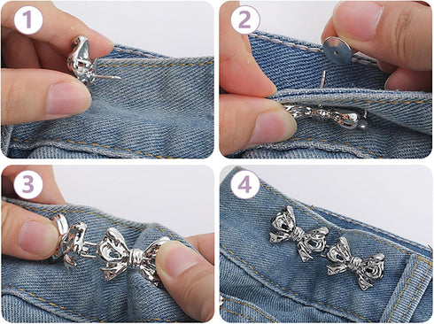4 Pairs Bow Jeans Button Pins, Detachable Pant Waist Tightener Adjustable Waist Buckle Tighten Waist Buttons No Sew Pants Waist Adjuster Clips for...