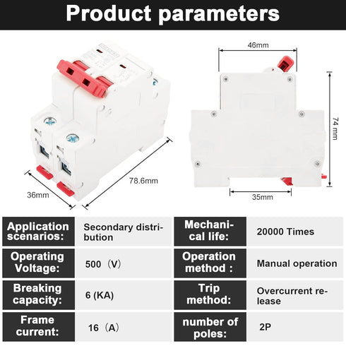 DC Miniature Circuit Breaker, 500V 16A 2P Leakage Protection Air Switch OverCurrent Tripping Device DZ47-63Z...