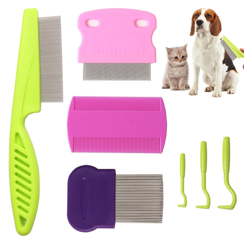 Tick flea comb for dogs 7pcs Metal flea brush for indoor Cats Lice combs for thick hair Pet tear stain comb Fine tooth comb Large and Small dog co...