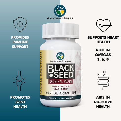 Amazing Herbs Whole Spectrum Black Seed Original Plain, Vegetarian Capsules - Gluten Free, Non GMO, Cold Pressed Nigella Sativa Aids in Digestive ...