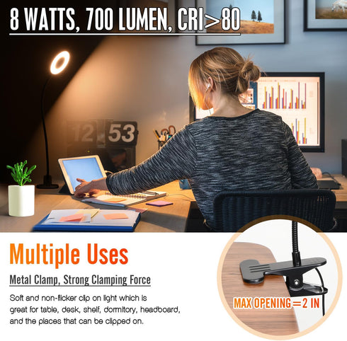 Clamp on Lamp, Desk Lamps, 8W Clip Light, Warm & Daylight & White Light 3 Colors, 10 Dimmable Illumination Modes (Black)...