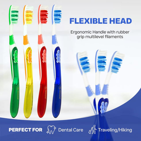 Toothbrush Dual Pro with Multi-Level Filaments, Anti-Slip Grip (Expert Care - Medium Bristles) Adults - Yellow, Red, Blue, Green - 8 Count (Pack o...