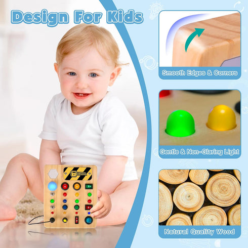 HONGDDY LED Busy Board, Wooden Sensory Toys for Toddler, Montessori Music Toy for Airplane, Travel Activity Educational Learning Toy, Busy Light S...