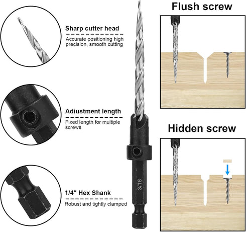 Countersink Drill Bit Set 5Pcs #4#6#8#10#12 Tapered Drill Bit for Woodworking, Counter Sink Drill Bit for Wood, Hex Shank Quick Change Counter Sin...