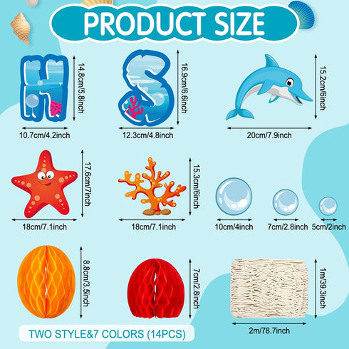76 Pieces Ocean Themed Party Decorations Under Sea Cutouts with Ocean Sea Animals Honeycomb Centerpiece with Fishing Net for Classroom Bulletin Bo...