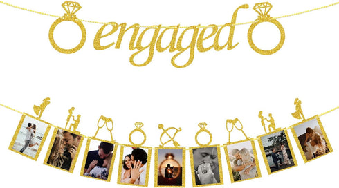 Engagement Wedding Decorations, Gold Engaged Banner and Photo Banner with Romantic Memories Picture Card Frames for Engaged/Wedding/Anniversary/Va...