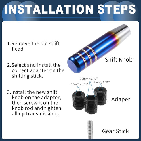 Cylinder Shift Knob, 13cm Universal for Automatic and Manual Vehicle Gear Shifter Knob with 3 Adapter Aluminum Alloy Burnt Blue, 1 Set...