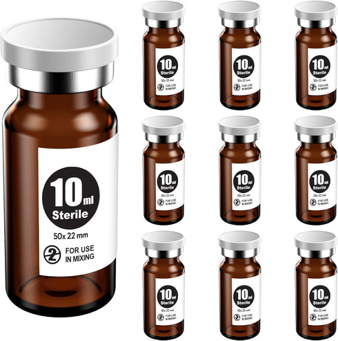 Ks-Tek Sterile Empty Vials with Self Healing Injection Port,with Aluminum plastic Cap,Sterile Package (10ml Amber,10)...
