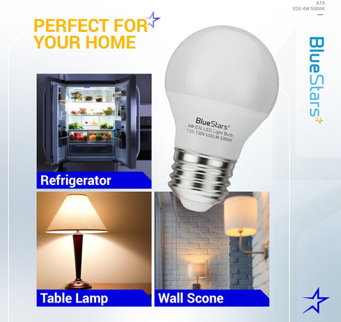 BlueStars A15 LED Refrigerator Light Bulb 4W (40 Watt Equivalent) E26 Base Non-Dimmable 400lm 120V Appliance Bulb, 5000K Daylight, Waterproof for ...