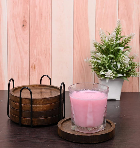 Mango Wood Coasters for Drinks with Iron Holder Stand Set of 5 for Countertop and Surfaces from Water Marks or Damage (4.5 x 4.5 x 0.5)...