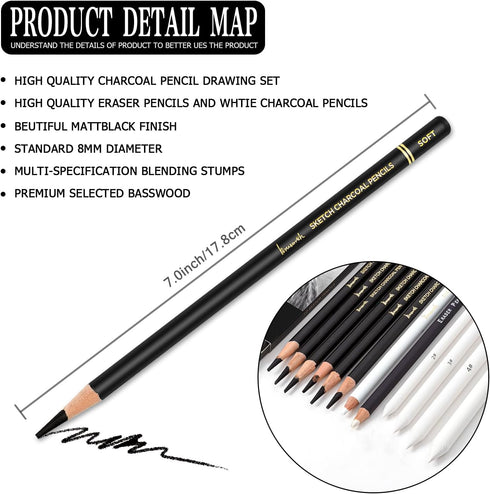 Charcoal Drawing Set -12 pc Black charcoal pencils, White Charcoal Pencils, Eraser Pencils, Blending Stumps for Drawing, Sketching, Shading, Artis...