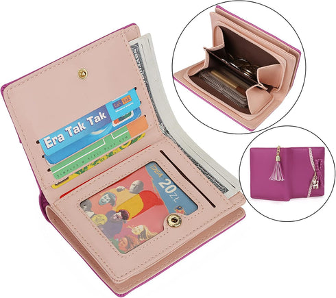 Uromee Girls Wallet Small Card Holder Women Purse Bifold Vegan Leather Zipper Coin Pocket Cute Cat Pendant Tassel...