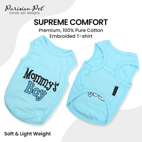 Parisian Pet Dog T-Shirt with Embroidered 'Mommy’s Boy' Words - 100% Cotton Boy Dog Clothes - Breathable Mamas Boy Dog Shirt - Machine Washable Do...