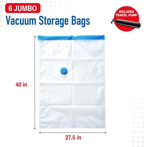 6 Pack Jumbo Vacuum Storage Bags for Comforters, Blankets & Clothes – Jumbo Vacuum Sealed Compression Bags with Hand Pump – Space Saver Storage Ba...