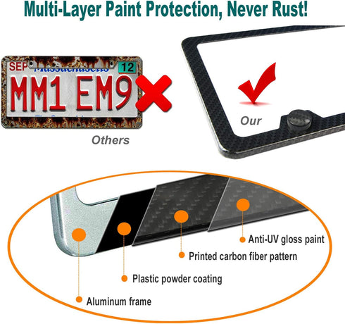 Aootf Carbon Fiber License Plate Frame- Black Aluminum Slim Car Tag Cover Printed Carbon Patterns, Heavy Duty Holders for Front & Rear, Mount Hard...