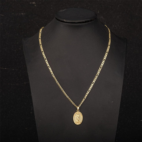 14K Gold Plated Virgin Mary Guadalupe Pendant Necklace for Women Men 3mm Flat Figaro Chain Necklace 18/22 inches...