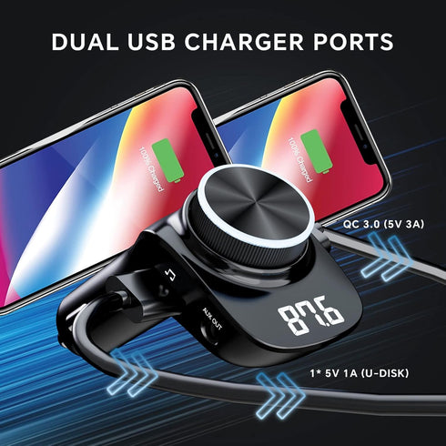 NECESPOW Bluetooth 5.0 FM Transmitter for Car, Dual USB Charger with 3.5MM AUX Cable, Handsfree Call MP3 Music Player...