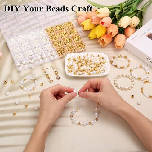 ROADPLUM 1947 Pcs Pearl Beads for Jewelry Making, White and Gold Beads for Crafts with Holes, Gold Filled Beads for Bracelets Making Kit, Multi-Si...